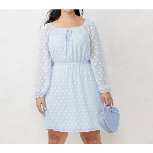 LC Lauren Conrad Dresses & Skirts - Lauren Conrad Dress 2X Polka Dot Sheer Sleeve Baby Blue Lightweight Brunch Dress